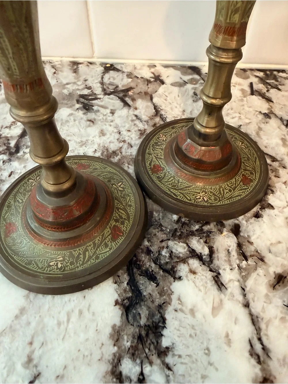 Vintage 1982 Stamped Indian Brass & Enamel Candlesticks – Matching Pair